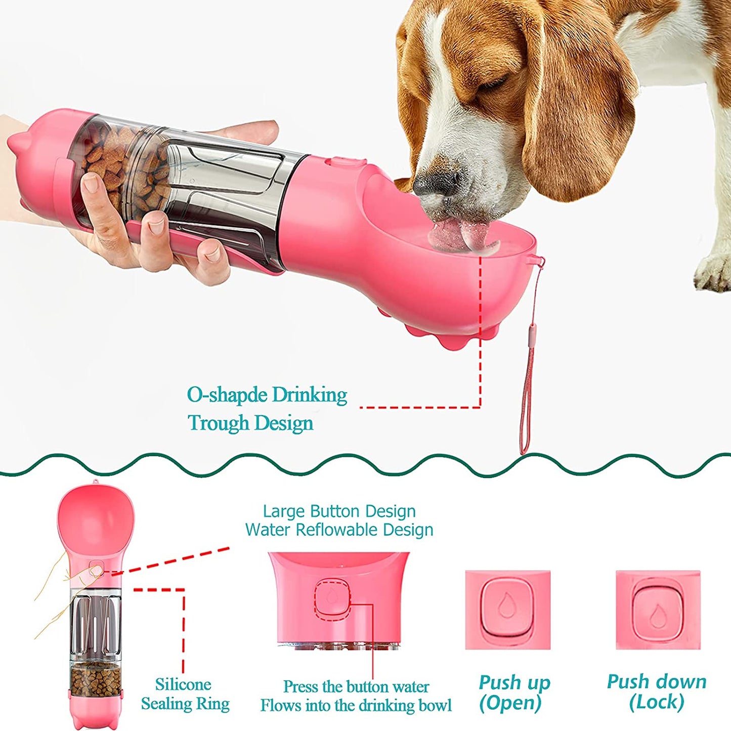 Ultimate 4-in-1 Portable Dog Water Bottle - Leak-Proof, Convenient, and Perfect for Outdoor Adventures with Your Pup (Pink)