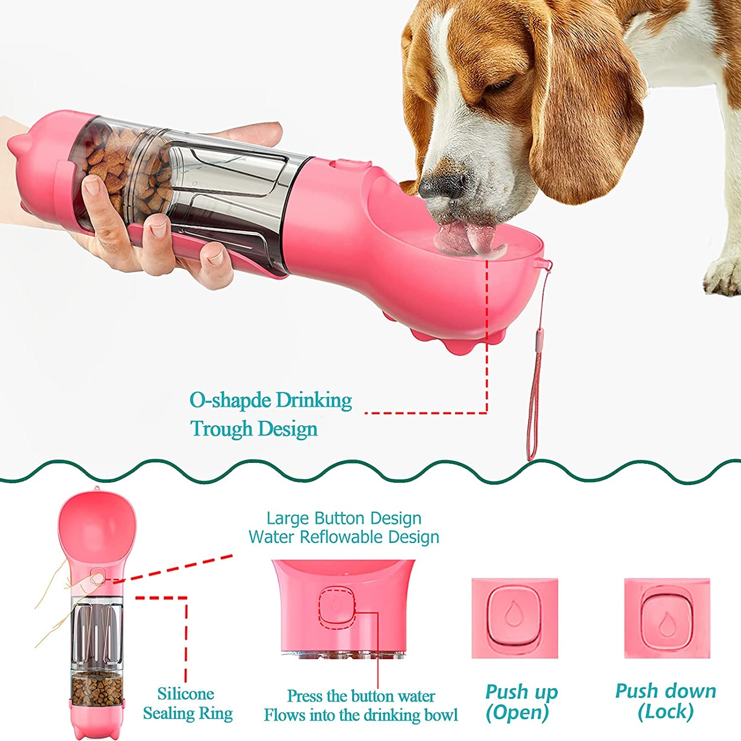 Ultimate 4-in-1 Portable Dog Water Bottle - Leak-Proof, Convenient, and Perfect for Outdoor Adventures with Your Pup (Pink)