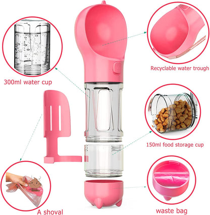 Ultimate 4-in-1 Portable Dog Water Bottle - Leak-Proof, Convenient, and Perfect for Outdoor Adventures with Your Pup (Pink)