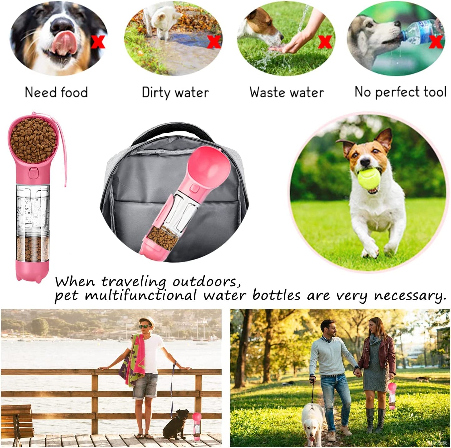 Ultimate 4-in-1 Portable Dog Water Bottle - Leak-Proof, Convenient, and Perfect for Outdoor Adventures with Your Pup (Pink)