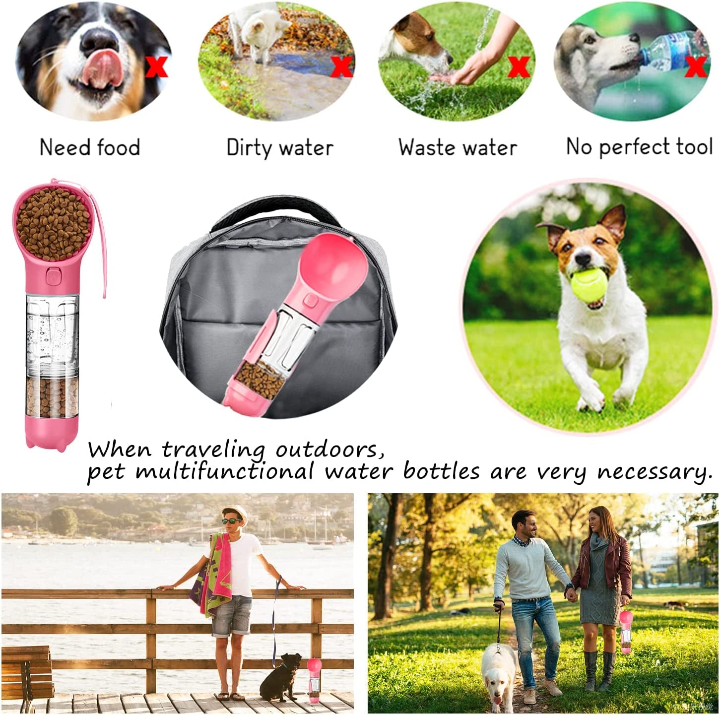 Ultimate 4-in-1 Portable Dog Water Bottle - Leak-Proof, Convenient, and Perfect for Outdoor Adventures with Your Pup (Pink)