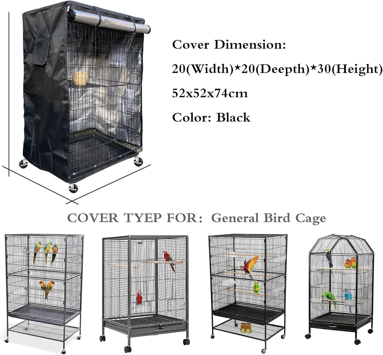 Premium Black Birdcage Cover - Universal Fit, Breathable & Washable for Parrots - 20"W x 20"D x 30"H